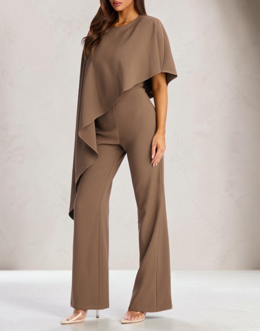 Fashion Nova Taupe Brown Wide Leg Cape Sleeve Jumpsuit